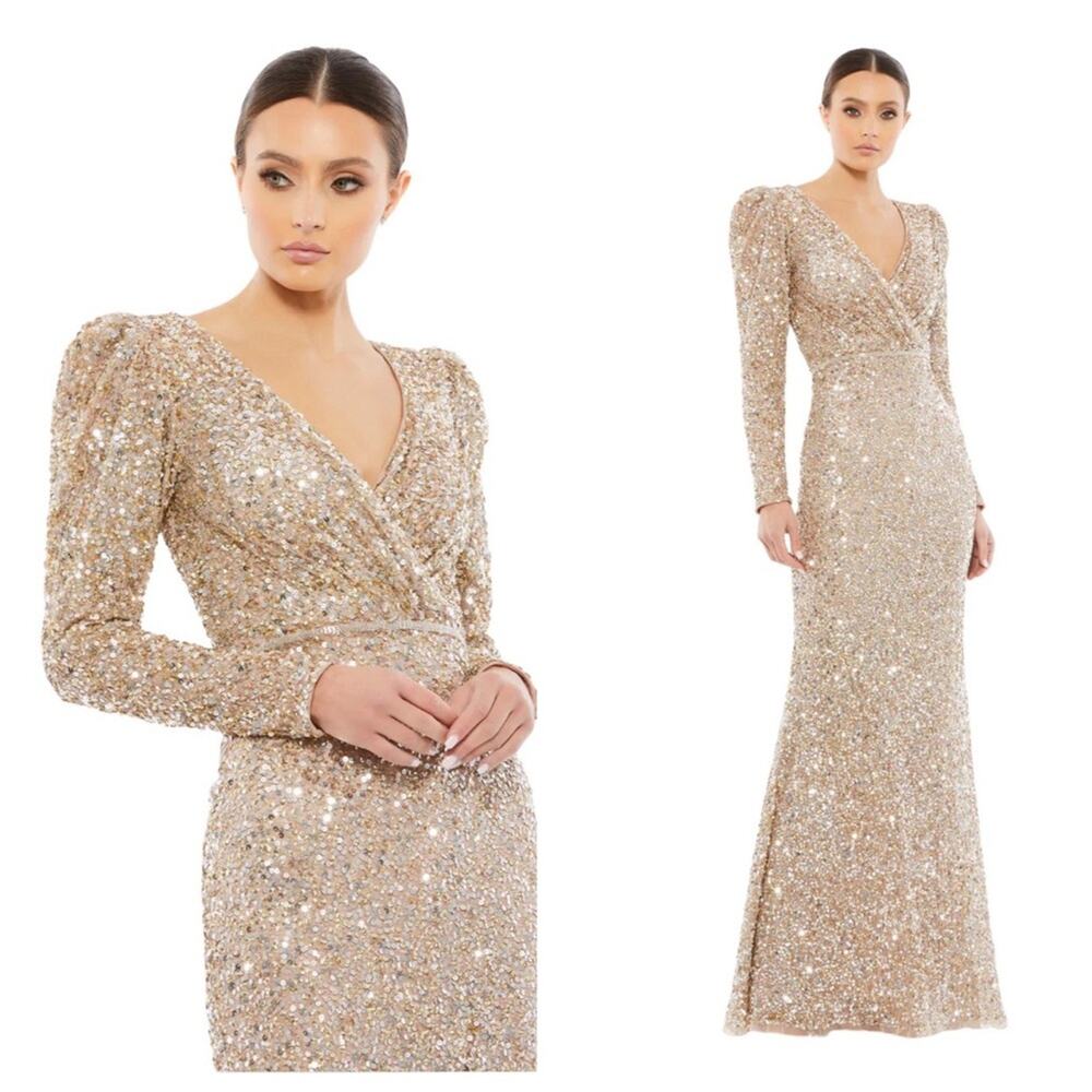 NWT MAC DUGGAL 5510 Shimmering Gold Puff Shoulder Sequined Surplice Gown Women’s